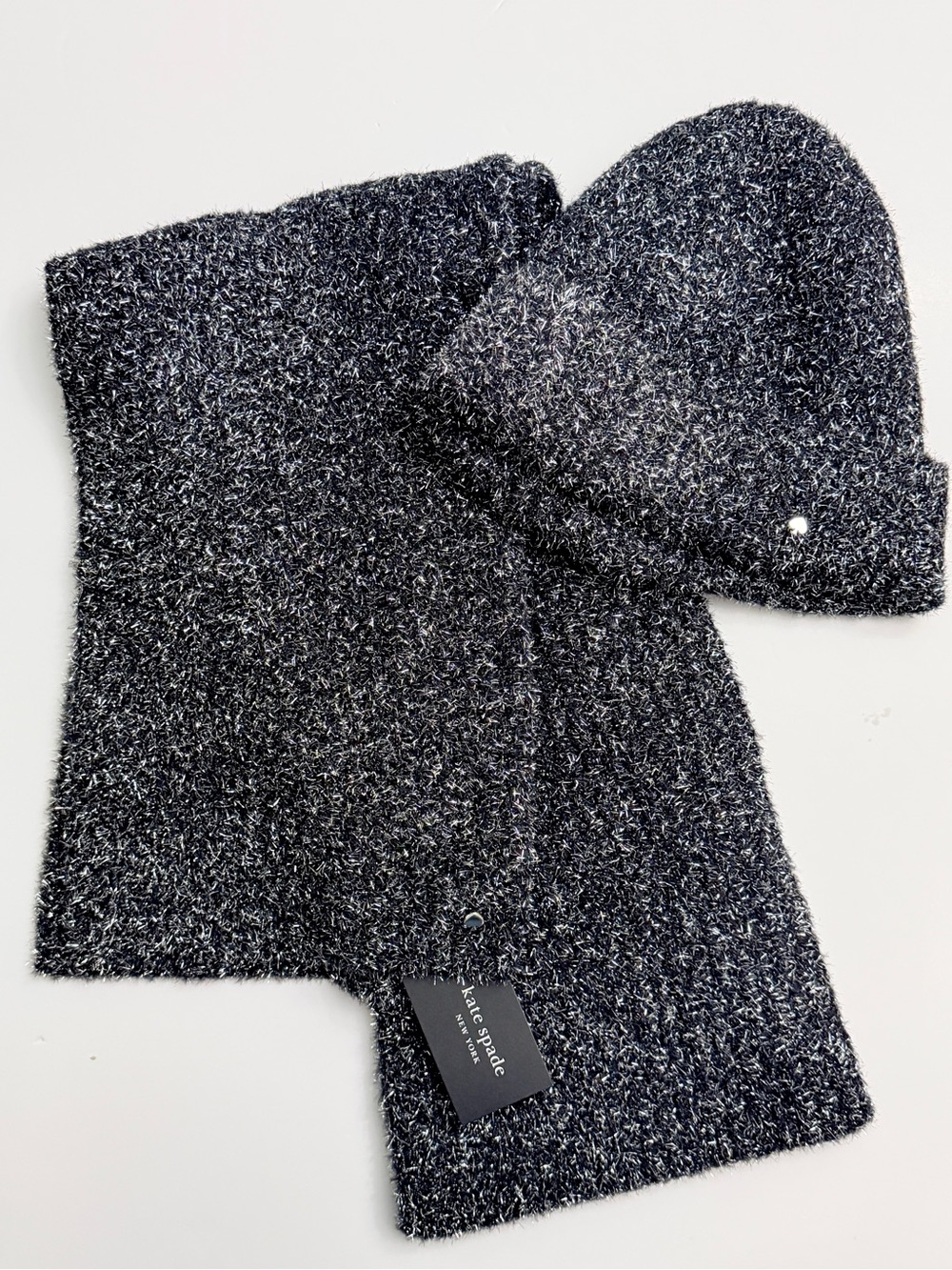 Kate Spade Beanie Scarf Knit Metallic Shimmering Silver Black Set OS